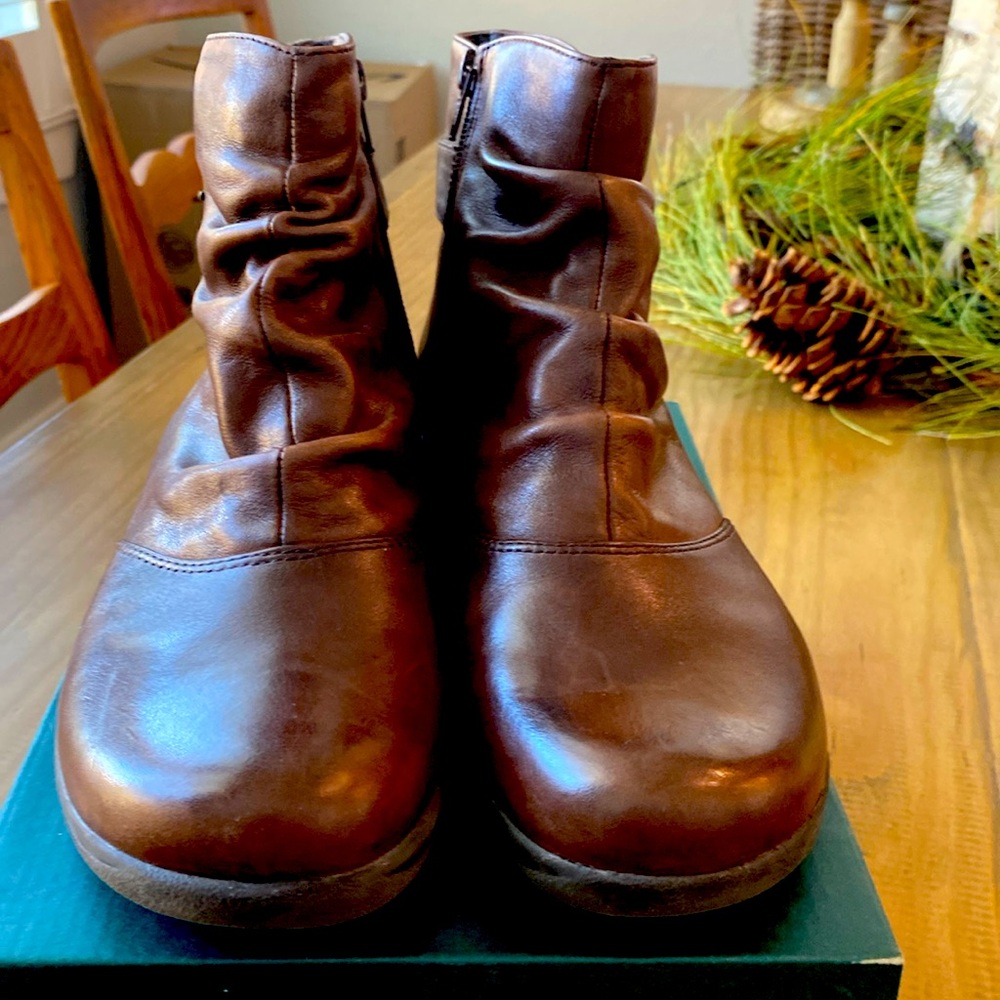 CLARKS Brown Leather Rouched Ankle Boots  - Size 9.5M